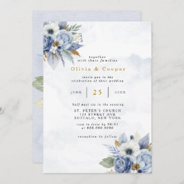 Dusty Navy Blue Gold Peony Waterverf Chic Wedding Kaart