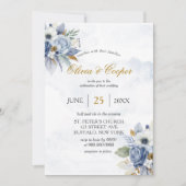Dusty Navy Blue Gold Peony Waterverf Chic Wedding Kaart (Voorkant)
