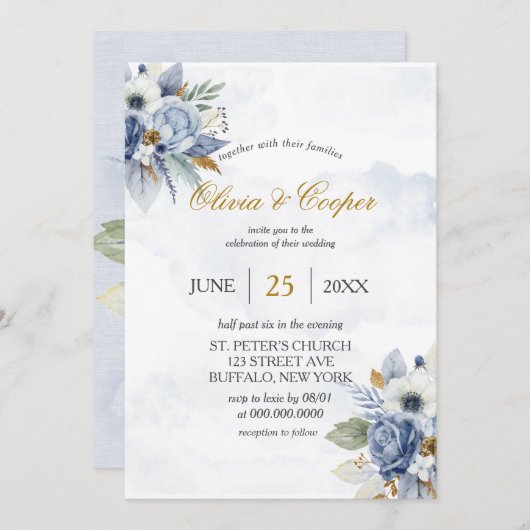 Dusty Navy Blue Gold Peony Waterverf Chic Wedding Kaart (Voorkant / Achterkant)