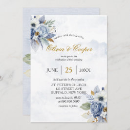 Dusty Navy Blue Gold Peony Waterverf Chic Wedding Kaart