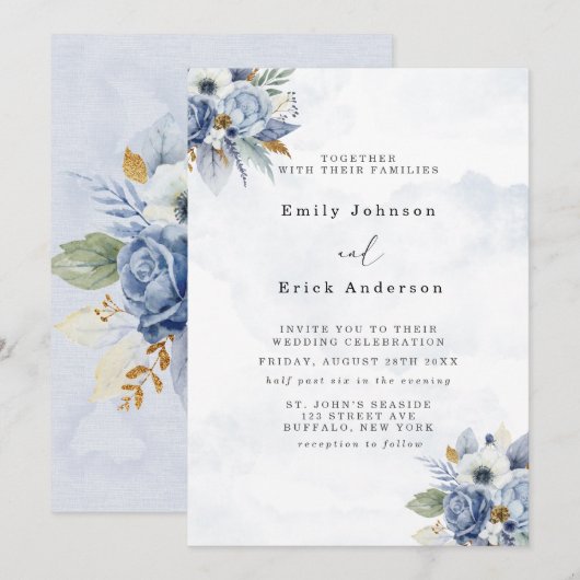 Dusty Navy Blue Gold Waterverf Peony Chic Wedding Kaart (Voorkant / Achterkant)