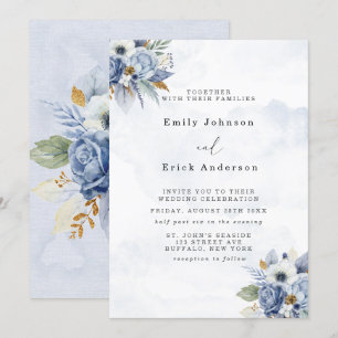Dusty Navy Blue Gold Waterverf Peony Chic Wedding Kaart