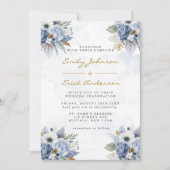 Dusty Navy Blue Gold Waterverf Peony Chic Wedding Kaart (Voorkant)
