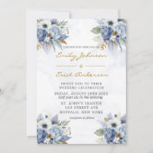 Dusty Navy Blue Gold Waterverf Peony Chic Wedding Kaart (Voorkant)