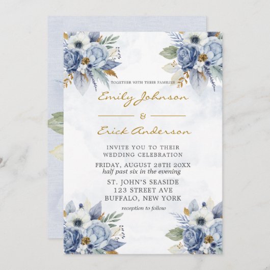 Dusty Navy Blue Gold Waterverf Peony Chic Wedding Kaart (Voorkant / Achterkant)