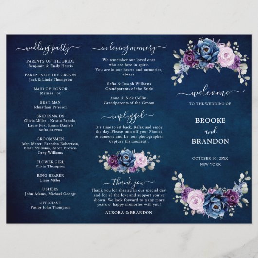 Dusty Navy Blue Paars Lila Bloom Wedding Programme (Voorkant)