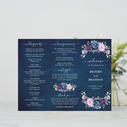 Dusty Navy Blue Paars Lila Bloom Wedding Programme (Staand voorkant)