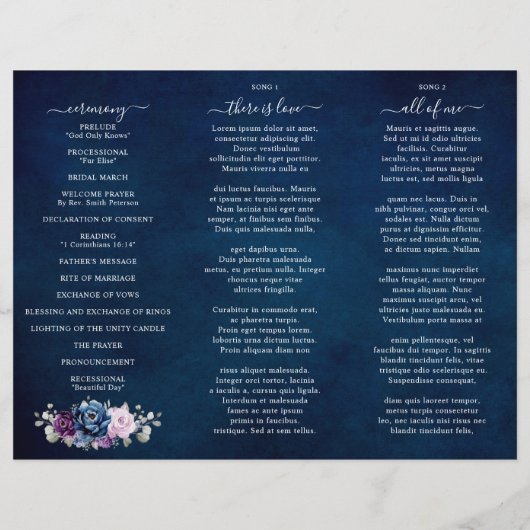 Dusty Navy Blue Paars Lila Bloom Wedding Programme (Achterkant)
