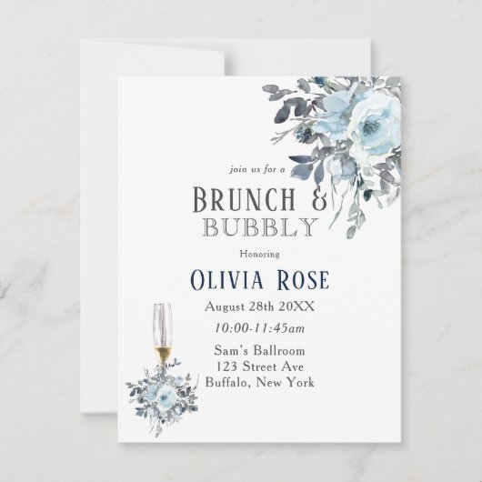 Dusty Navy Blue Peony Brunch & Bubble Invitation Kaart (Voorkant)