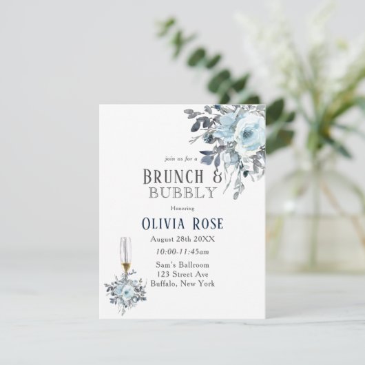 Dusty Navy Blue Peony Brunch & Bubble Invitation Kaart (Staand voorkant)