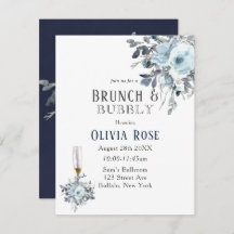 Dusty Navy Blue Peony Brunch & Bubble Invitation