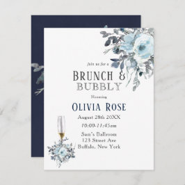 Dusty Navy Blue Peony Brunch & Bubble Invitation Kaart