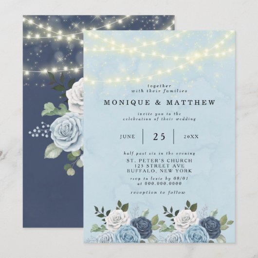 Dusty Navy Blue Peony Country Lights Wedding Kaart (Voorkant / Achterkant)