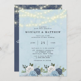 Dusty Navy Blue Peony Country Lights Wedding Kaart