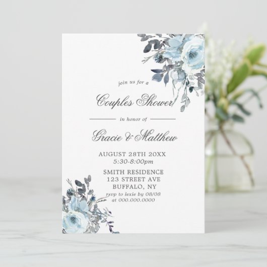 Dusty Navy Blue Peony Couples Shower Invitations (Staand voorkant)