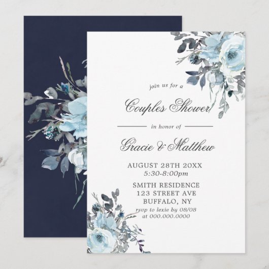 Dusty Navy Blue Peony Couples Shower Invitations (Voorkant / Achterkant)