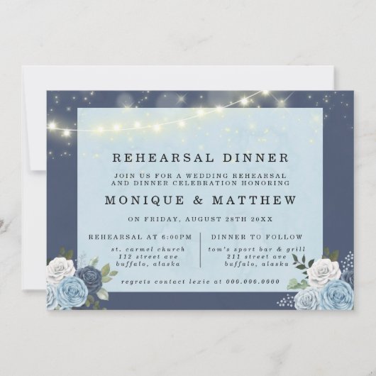 Dusty Navy Blue Peony Lights Rehearsal Dinner Kaart (Voorkant)