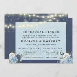 Dusty Navy Blue Peony Lights Rehearsal Dinner Kaart