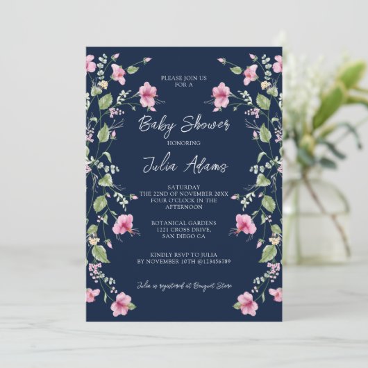 Dusty Navy Blue Pink Hibiscus Bloom Baby shower Kaart (Staand voorkant)