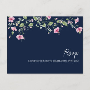 Dusty Navy Blue Pink Hibiscus Bloom Wedding Shower Briefkaart