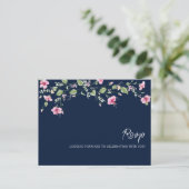 Dusty Navy Blue Pink Hibiscus Bloom Wedding Shower Briefkaart (Staand voorkant)