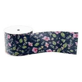 Dusty Navy Blue Pink Hibiscus Bloom Wedding Shower Grosgrain Lint