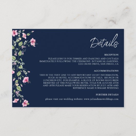 Dusty Navy Blue Pink Hibiscus Bloom Wedding Shower Informatiekaartje (Voorkant)