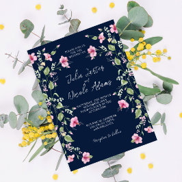 Dusty Navy Blue Pink Hibiscus Bloom Wedding Shower Kaart