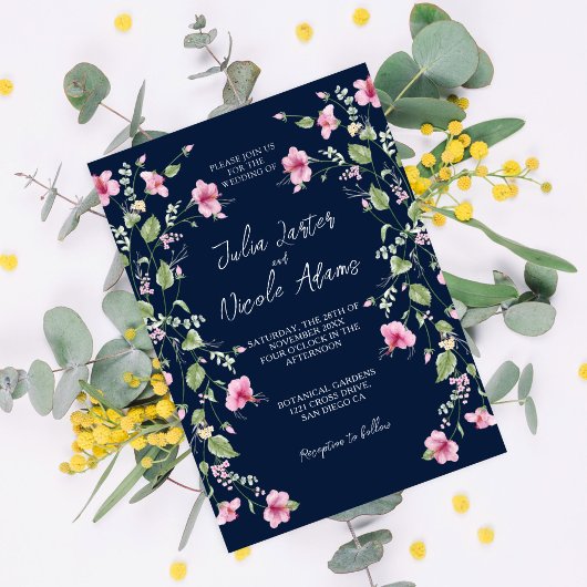 Dusty Navy Blue Pink Hibiscus Bloom Wedding Shower Kaart