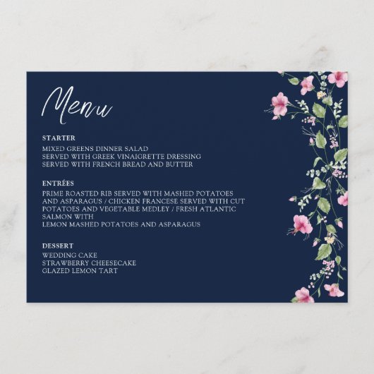 Dusty Navy Blue Pink Hibiscus Bloom Wedding Shower Menu (Voorkant)
