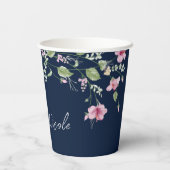 Dusty Navy Blue Pink Hibiscus Bloom Wedding Shower Papieren Bekers (Achterkant)