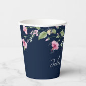 Dusty Navy Blue Pink Hibiscus Bloom Wedding Shower Papieren Bekers (Voorkant)