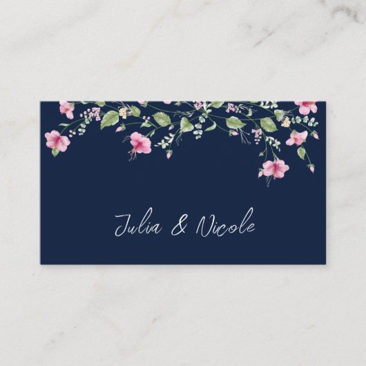 Dusty Navy Blue Pink Hibiscus Bloom Wedding Shower Plaatskaartje (Voorkant)