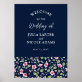 Dusty Navy Blue Pink Hibiscus Bloom Wedding Shower Poster (Voorkant)
