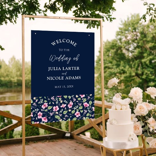 Dusty Navy Blue Pink Hibiscus Bloom Wedding Shower Poster