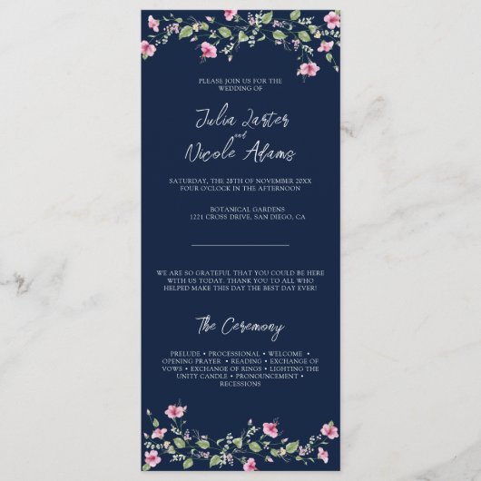 Dusty Navy Blue Pink Hibiscus Bloom Wedding Shower Programmakaart (Voorkant)