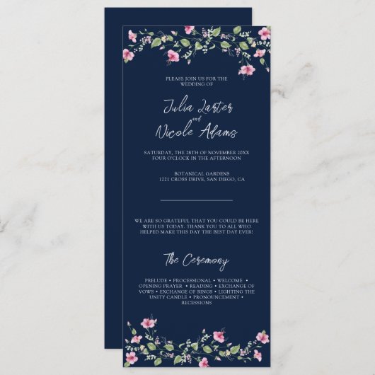 Dusty Navy Blue Pink Hibiscus Bloom Wedding Shower Programmakaart (Voorkant / Achterkant)