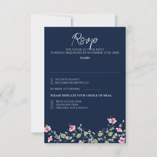 Dusty Navy Blue Pink Hibiscus Bloom Wedding Shower RSVP Kaartje (Voorkant)