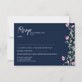 Dusty Navy Blue Pink Hibiscus Bloom Wedding Shower RSVP Kaartje