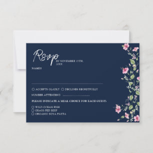 Dusty Navy Blue Pink Hibiscus Bloom Wedding Shower RSVP Kaartje