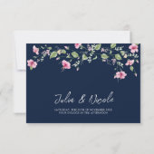 Dusty Navy Blue Pink Hibiscus Bloom Wedding Shower RSVP Kaartje (Achterkant)