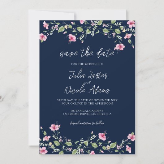 Dusty Navy Blue Pink Hibiscus Bloom Wedding Shower Save The Date (Voorkant)