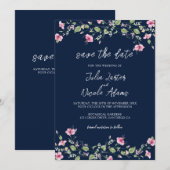 Dusty Navy Blue Pink Hibiscus Bloom Wedding Shower Save The Date (Voorkant / Achterkant)