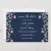 Dusty Navy Blue Pink Hibiscus Bloom Wedding Shower Save The Date (Voorkant)