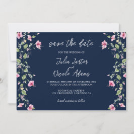 Dusty Navy Blue Pink Hibiscus Bloom Wedding Shower Save The Date