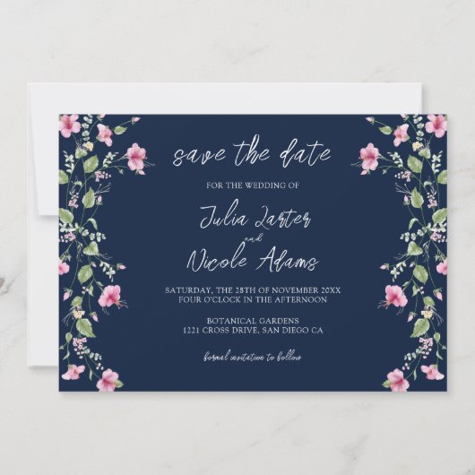 Dusty Navy Blue Pink Hibiscus Bloom Wedding Shower Save The Date (Voorkant)