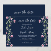 Dusty Navy Blue Pink Hibiscus Bloom Wedding Shower Save The Date (Voorkant / Achterkant)
