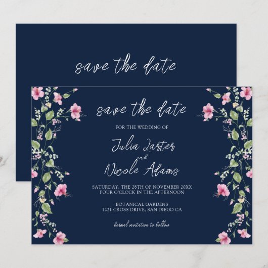 Dusty Navy Blue Pink Hibiscus Bloom Wedding Shower Save The Date (Voorkant / Achterkant)