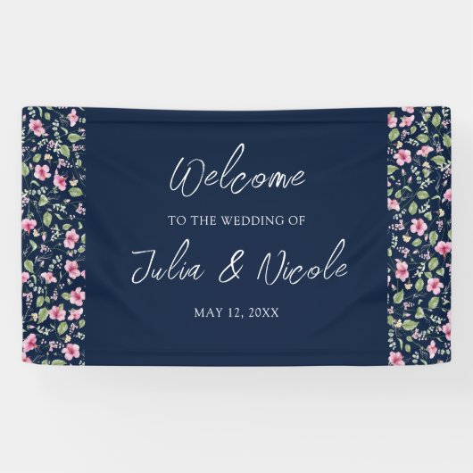 Dusty Navy Blue Pink Hibiscus Bloom Wedding Shower Spandoek (Horizontaal)