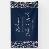 Dusty Navy Blue Pink Hibiscus Bloom Wedding Shower Spandoek (Verticaal)